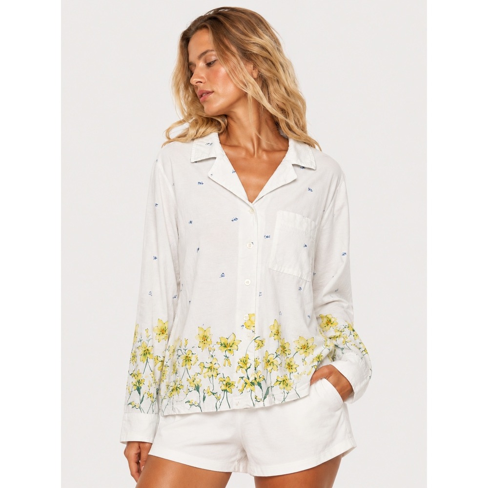Anne Lewin Vintage Pajama Top White Yellow Floral 100% Cotton Button Up L